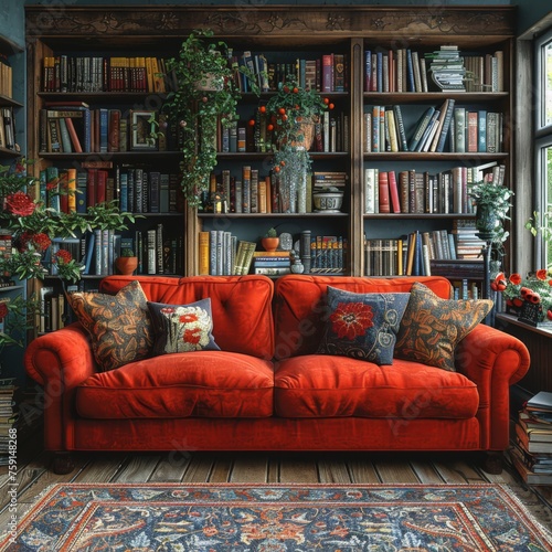 In a modern living room, a plush sofa serves as the centerpiece, offering comfort and coziness. Adjacent to the sofa stands a library filled with books, creating a haven for literary enthusiasts