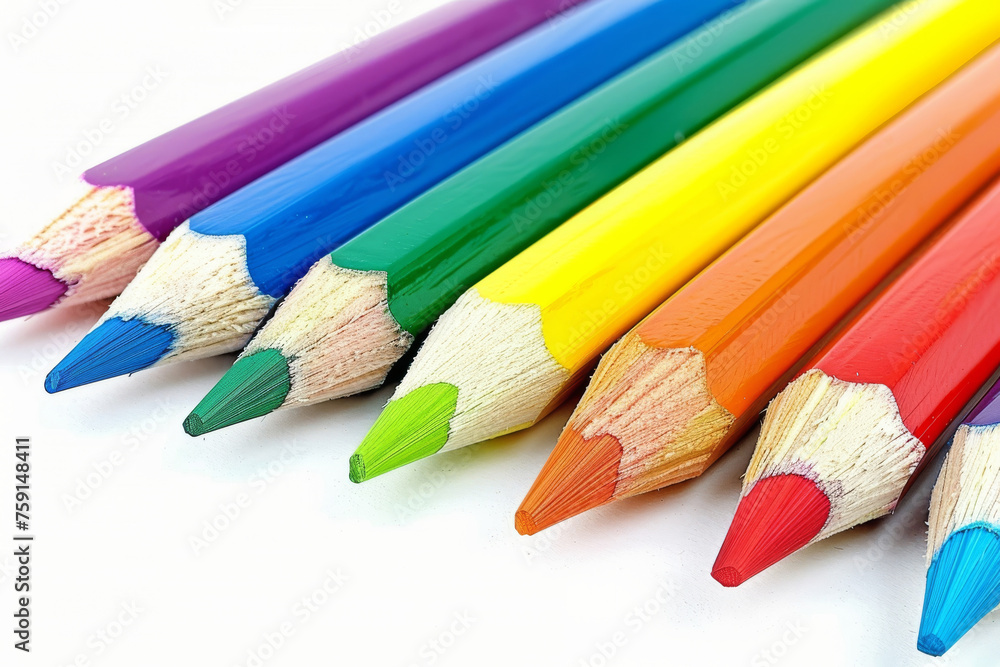 Brightly colored pencils arranged in a gradient, showcasing a spectrum of colors from purple to red. Brightly colored pencils arranged in a gradient, showcasing a spectrum of colors from purple to red.