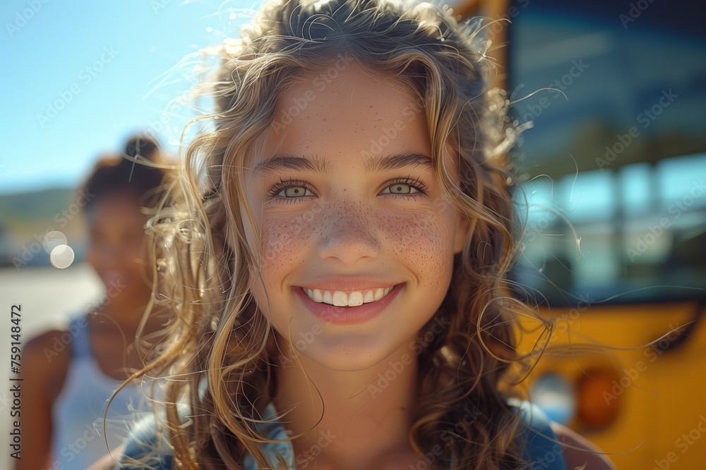 A happy young girl with a big smile in front of a yellow school bus A happy young girl with a big smile in front of a yellow school bus