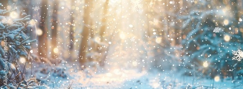 Blurred background of a winter forest with falling snowflakes, using pastel colors of light blue and white, could be a banner for Christmas Generative AI