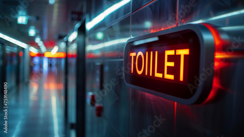 A neon toilet sign in a corridor.