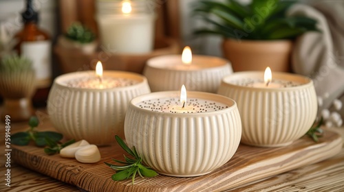 a group of three white candles sitting on top of a wooden table next to a potted plant and a candle holder.