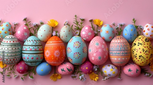 a row of painted eggs on a pink background with daisies and daisies on the bottom of the row.