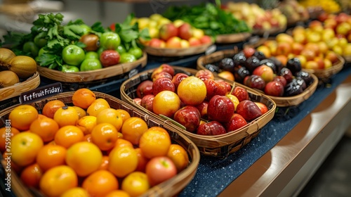 Employees gather around a colorful display of fresh fruits and vegetables during a lunchtime nutritional workshop in the office break room, learning about healthy eating choices