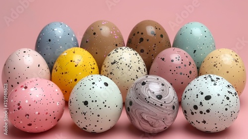 a group of painted eggs sitting on top of a pink surface with speckled eggs in the middle of the row.