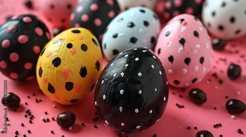 a group of black, white, and pink polka dot eggs on a pink surface with sprinkles.