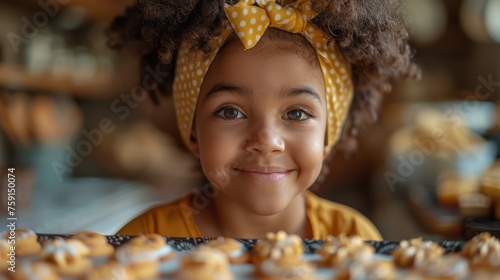 A young helper proudly shows her mother a tray of imperfectly shaped cookies, her face beaming with pride at her culinary creation  photo