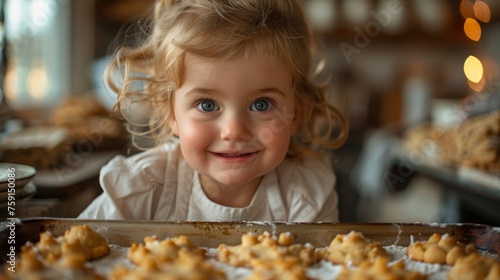 A young helper proudly shows her mother a tray of imperfectly shaped cookies  her face beaming with pride at her culinary creation 