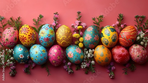 a group of painted eggs sitting on top of a pink surface next to a bunch of flowers and greenery.