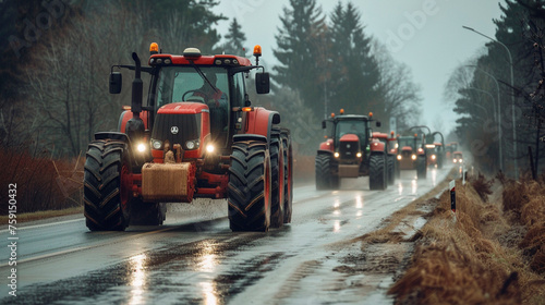 Many tractors are driving along the road to the protest. Selective focus.