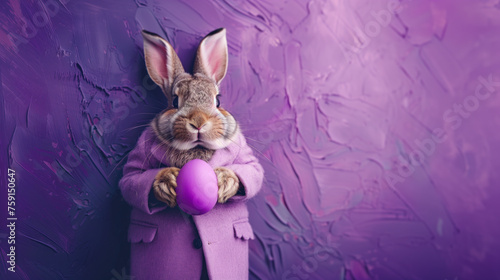 Fashionable Easter bunny in a purple coat with matching egg on a purple background