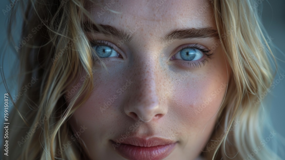 Close-up portrait of a young woman with striking blue eyes and natural freckles, showcasing soft curls and a serene expression under natural light Close-up portrait of a young woman with striking blue eyes and natural freckles, showcasing soft curls and a serene expression under natural light
