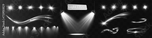 Light white wave and spotlight,meteor shine effect,vector glow line sparkle shine. Silver wavy effects.



