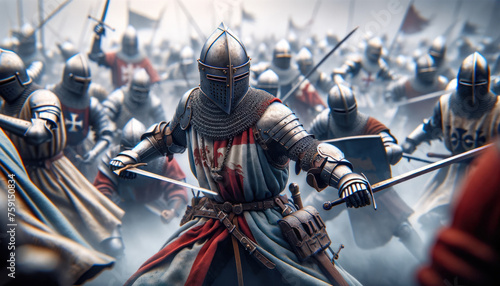 medieval battle scene with knights clad in historically accurate armor engaging in combat.