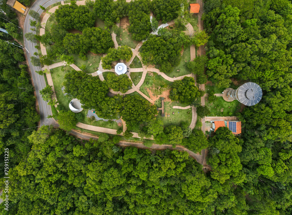 Aerial top down of forest and river in Parque Mae Bonafacia park in Cuiaba Mato Grosso Aerial top down of forest and river in Parque Mae Bonafacia park in Cuiaba Mato Grosso