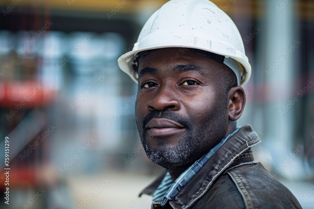African American man builder engineer in hardhat at building site African American man builder engineer in hardhat at building site