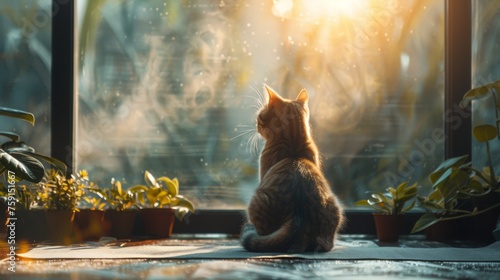 a serene morning scene of yoga practice in a spacious room, with a serene cat lounging in the sunlight, symbolizing tranquility and balance  photo