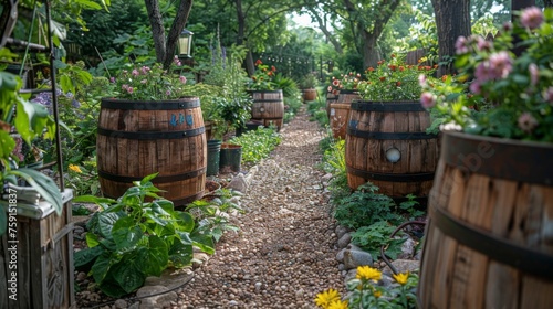 A rustic garden with a mix of edible and ornamental plants, where barrels collect rainwater for irrigation and a homemade fertilizer blend is showcased, emphasizing the charm © Алексей Василюк