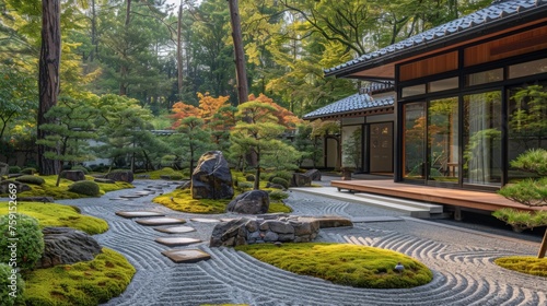 A minimalist Zen garden with carefully raked gravel, punctuated by evergreens and a moss-covered area, where a discreetly placed guide offers tips on low-maintenance care and natural