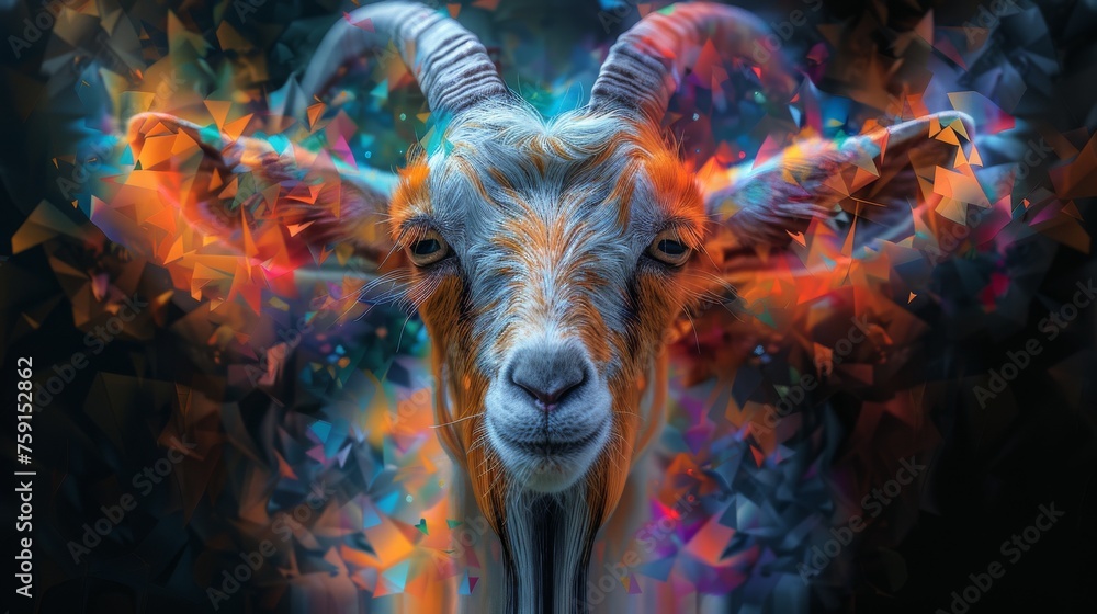 a close up of a goat's face with a multicolored pattern on the goat's face.