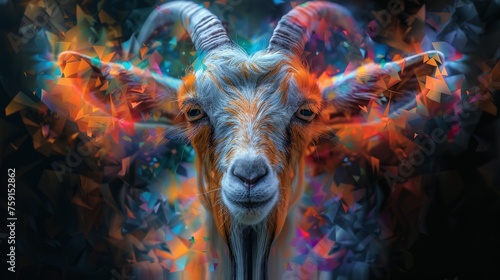 a close up of a goat's face with a multicolored pattern on the goat's face.