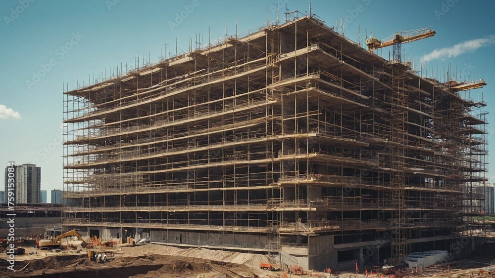 Building under construction. A high-rise building under construction. Scaffolding surrounds the structure, and within the frame.