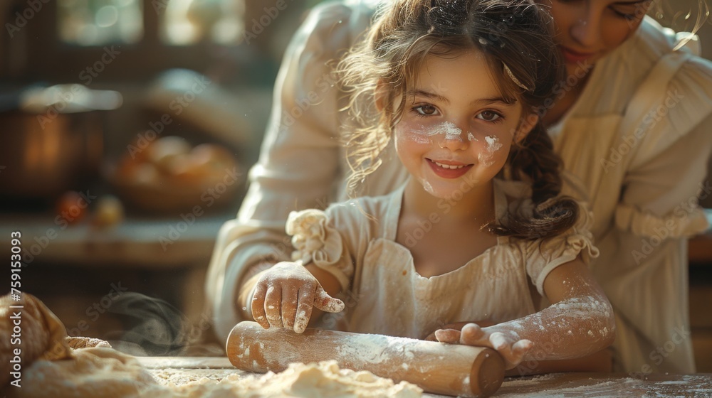 A little girl wearing an oversized apron, her cheeks dusted with flour ...