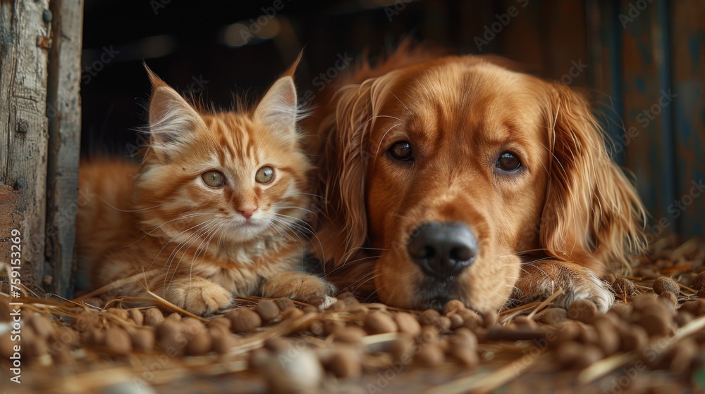 A kitten and a young dog exploring a dusty attic, their adventure bonding them in curiosity 
