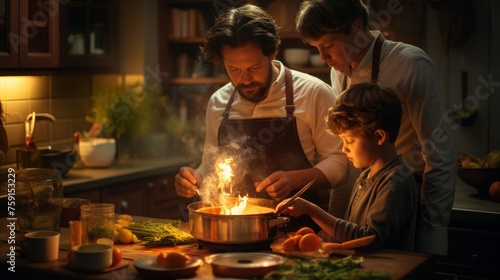 A man and two children joyfully prepare a meal together in a cozy kitchen