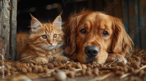 A kitten and a young dog exploring a dusty attic, their adventure bonding them in curiosity 