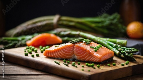 salmon fillet with herbs, close-up shots of fresh salmon fillets, flax seeds, fish steak, seafood served on plate