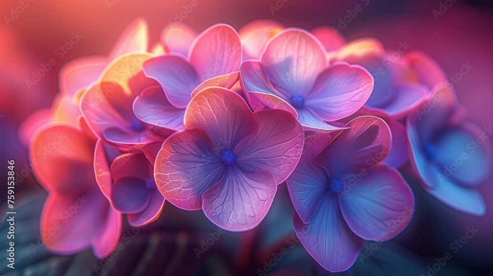 a bunch of pink flowers sitting on top of a lush green leafy plant in the middle of a blurry photo. - obrazy, fototapety, plakaty 