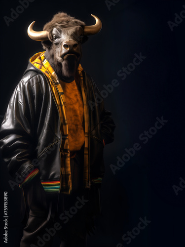 Creative animal concept. Buffalo posing in hip hop stylish fashion isolated on dark background, commercial, editorial advertisement, surreal, copy text space 