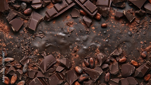 Dark chocolate pieces crushed and cocoa beans, culinary background