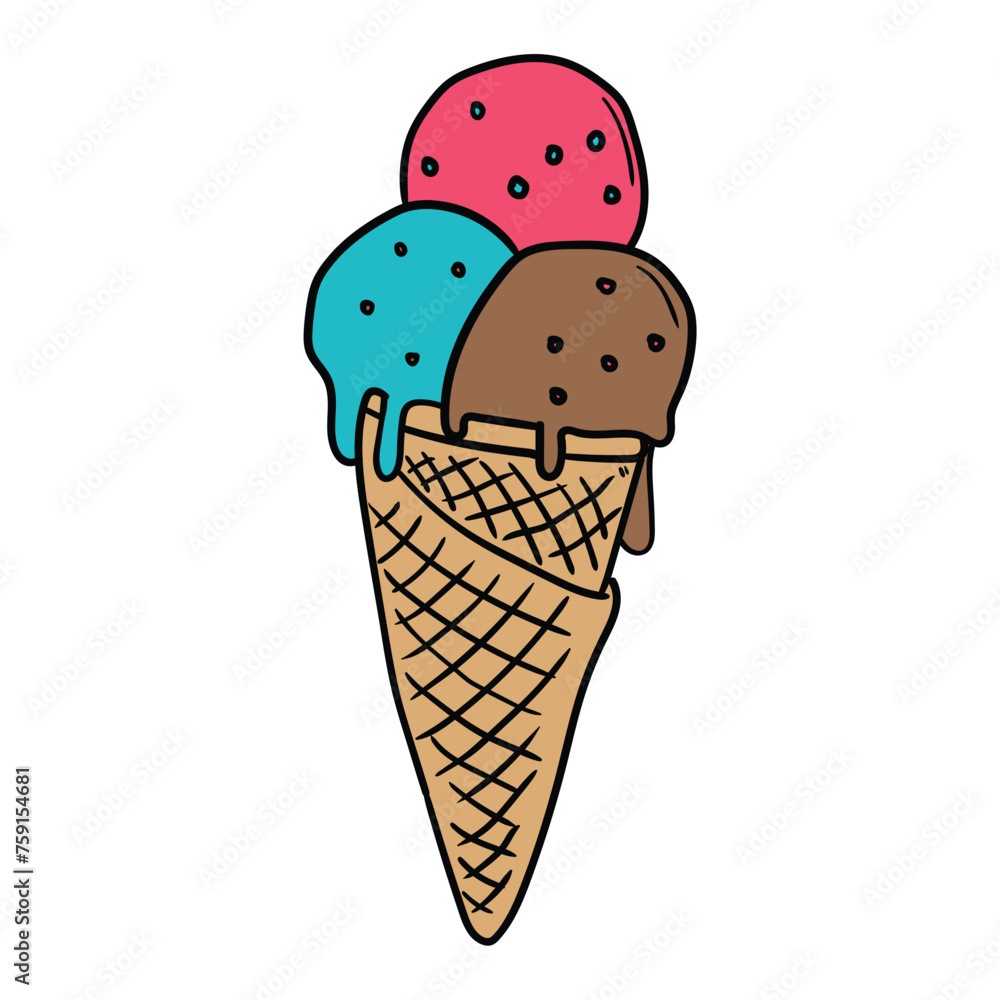 Hand drawn cartoon multicolored ice cream in waffle cone on white background. Hand drawn cartoon multicolored ice cream in waffle cone on white background.