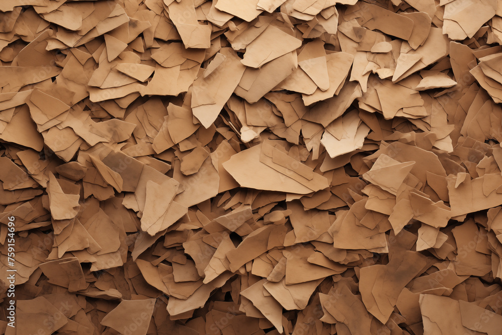 A pile of brown paper with many pieces scattered around A pile of brown paper with many pieces scattered around