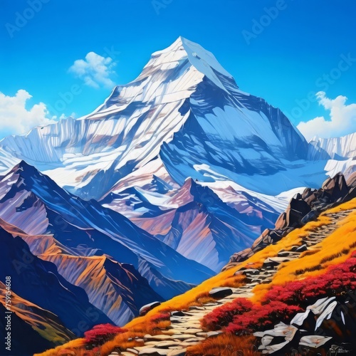 Scenic Nepal mountain road winding through majestic peaks in background. Various contexts such as art galleries, nature themed publications, educational materials on geography, inspirational posters.