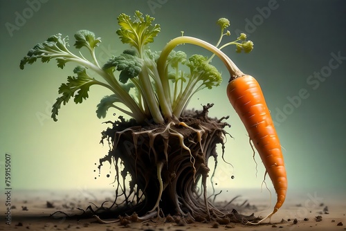 Long carrots in the remains of the soil, with green tops. photo