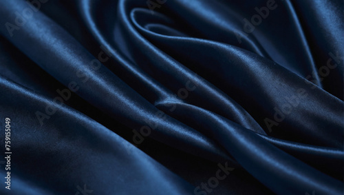 A rich navy blue abstract background evoking the luxurious texture of silk satin waves, ideal for elegant wallpaper or upscale holiday themes.