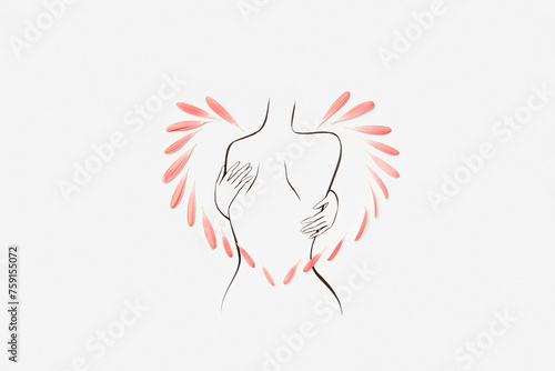Linear art of naked female figure with flowers petals in heart shape photo