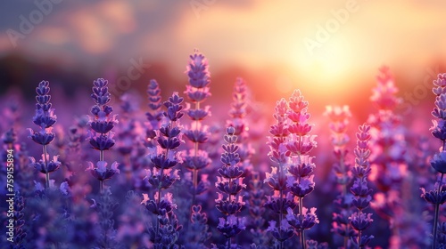 a field of lavender flowers with the sun setting in the backgrounnd of the field in the background.
