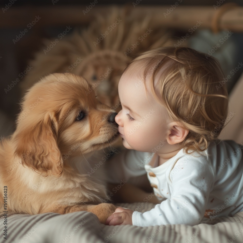 A candid snapshot of a baby, eyes filled with wonder, as they gently kiss the nose of their loyal puppy, who sits patiently by their side. This simple yet profound moment A candid snapshot of a baby, eyes filled with wonder, as they gently kiss the nose of their loyal puppy, who sits patiently by their side. This simple yet profound moment