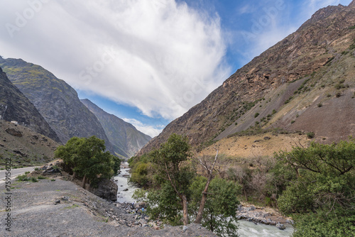 The beautiful scenery of snow-capped mountains along the Duku Highway in Xinjiang, China photo