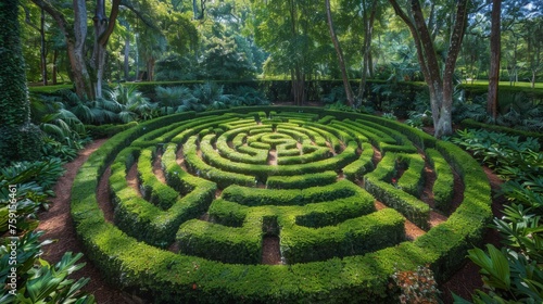 A garden maze with intricate pathways surrounded by high hedges and a well-manicured central lawn area  including tips 