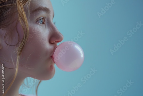 Young woman blowing up pink bubble with chewing gum on blue background