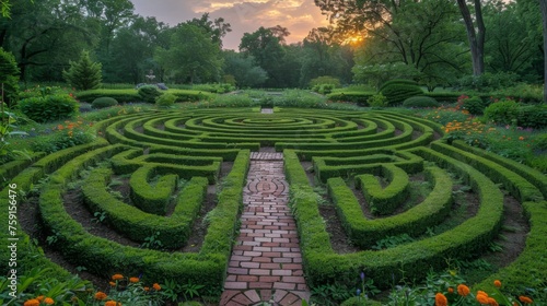 A garden maze with intricate pathways surrounded by high hedges and a well-manicured central lawn area, including tips