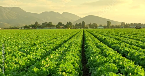 A green row of fresh crops grow on an agricultural farm field in the Santa Ynez Valley, California USA photo