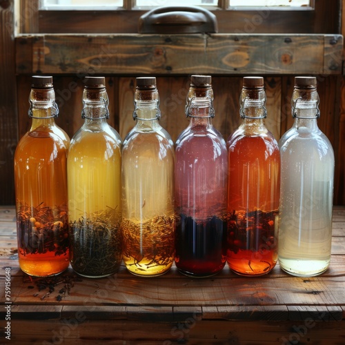 Wallpaper Mural A flat lay composition featuring delicious kombucha stored in glass bottles arranged neatly on a wooden table. table surface Torontodigital.ca