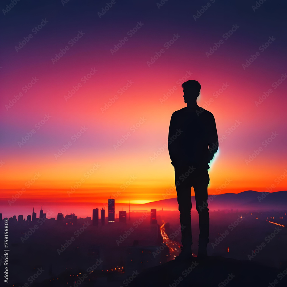 Fototapeta premium Man overlooking the sunset on the city