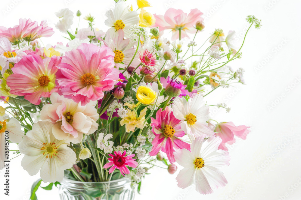 Fototapeta premium Bright spring flowers in a vase, white background.